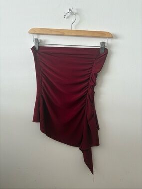 Madison Burgundy Asymmetrical Ruched Mini Skirt